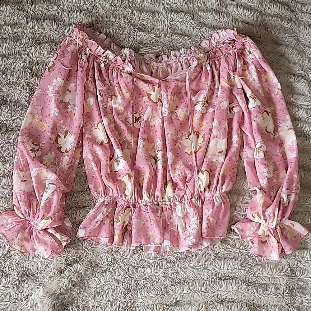 🌞Floral Off-Shoulder Pink Blouse - Picture 1 of 5